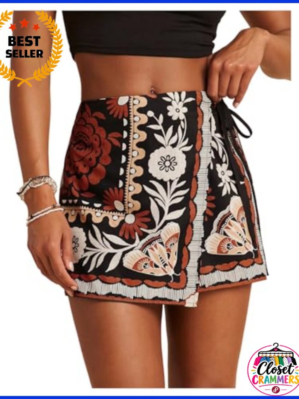 RoseSeek Floral Wrap Skorts Drawstring Bohemian Mini Skirt Shorts